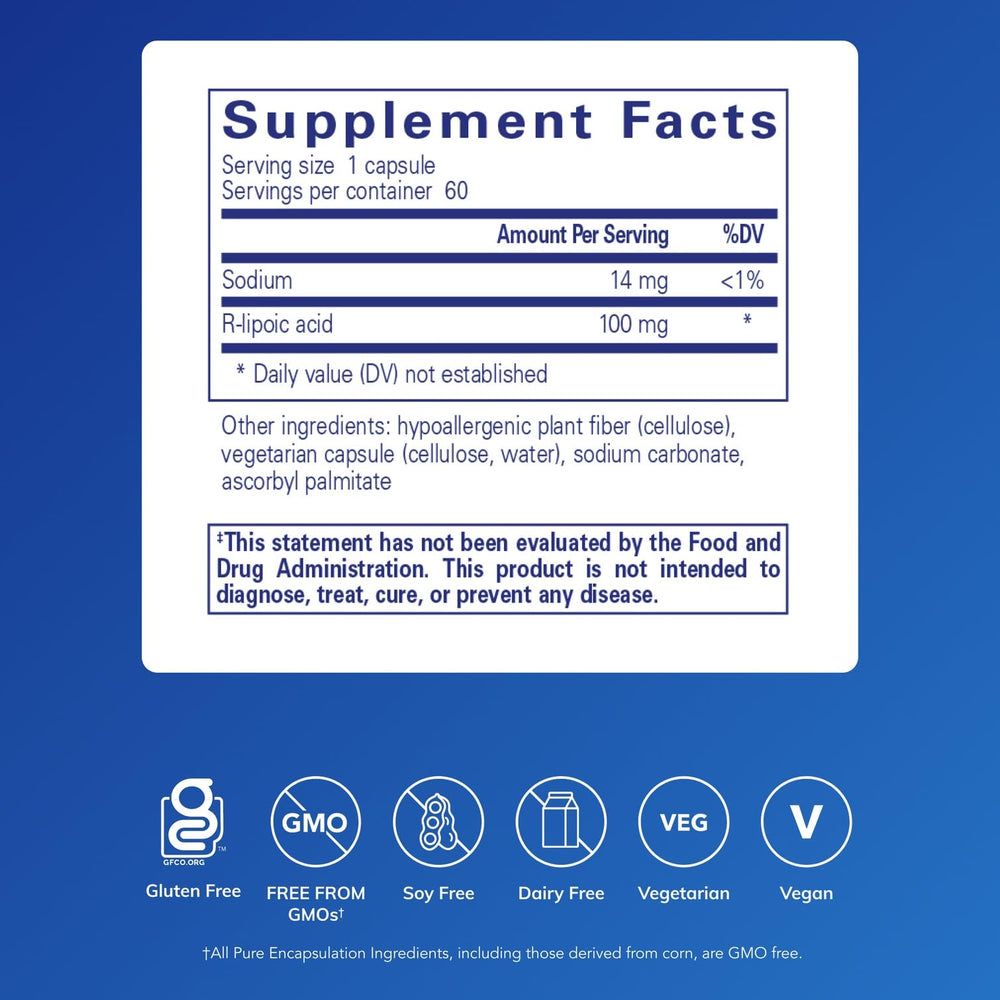 Back label with supplement facts for Pure Encapsulations R-Lipoic Acid Stabilized, 60 capsules
