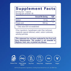 Pure Encapsulations R-Lipoic Acid (Stabilized) label highlights hypoallergenic formula