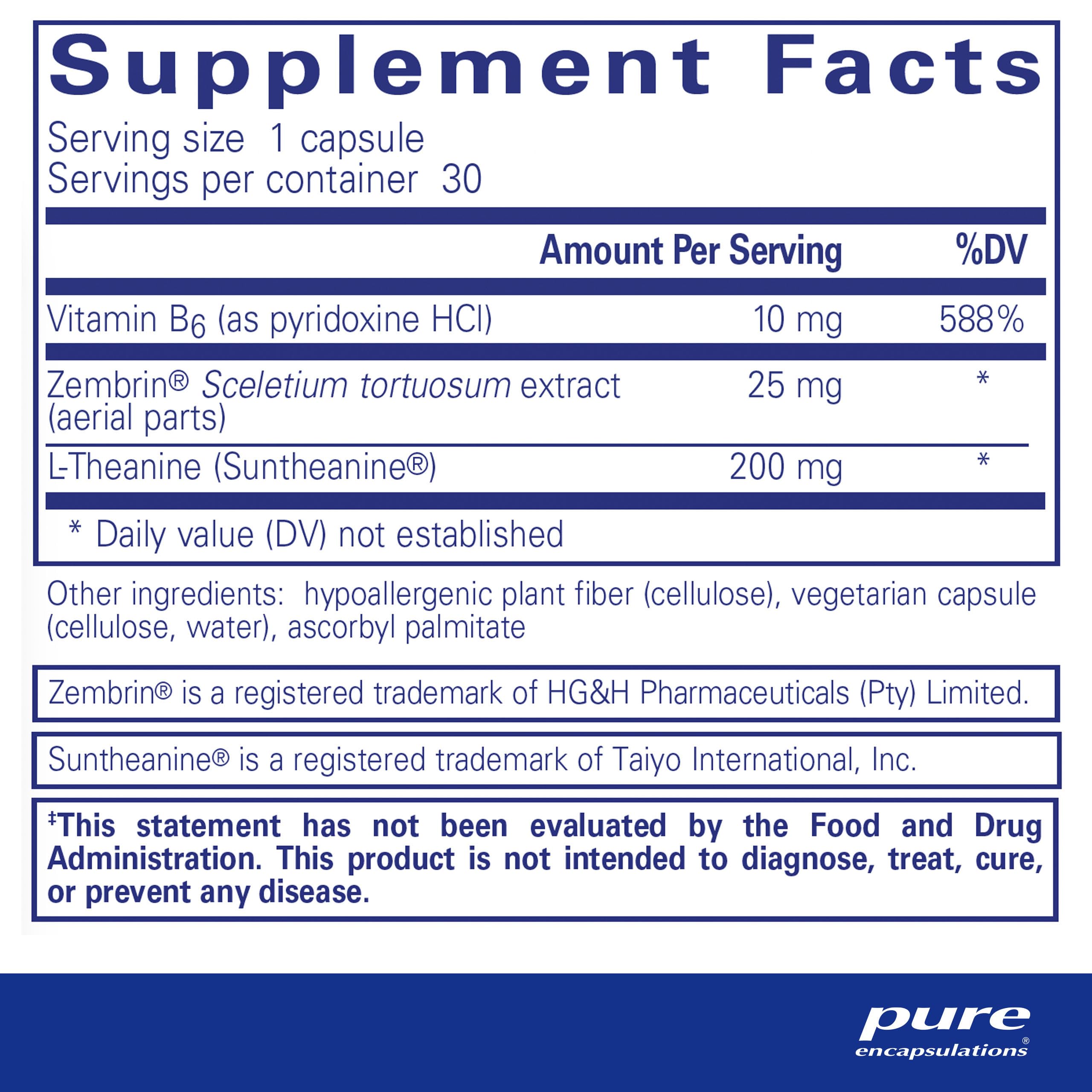 Ingredients list featuring vitamin B6, Zembrin, and Suntheanine L-Theanine