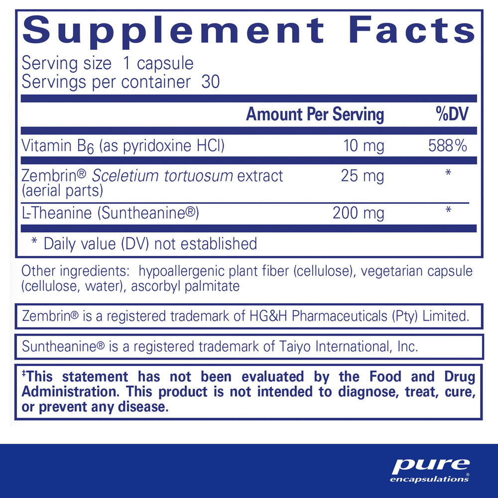 Ingredients list featuring vitamin B6, Zembrin, and Suntheanine L-Theanine