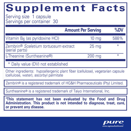 Ingredients list featuring vitamin B6, Zembrin, and Suntheanine L-Theanine