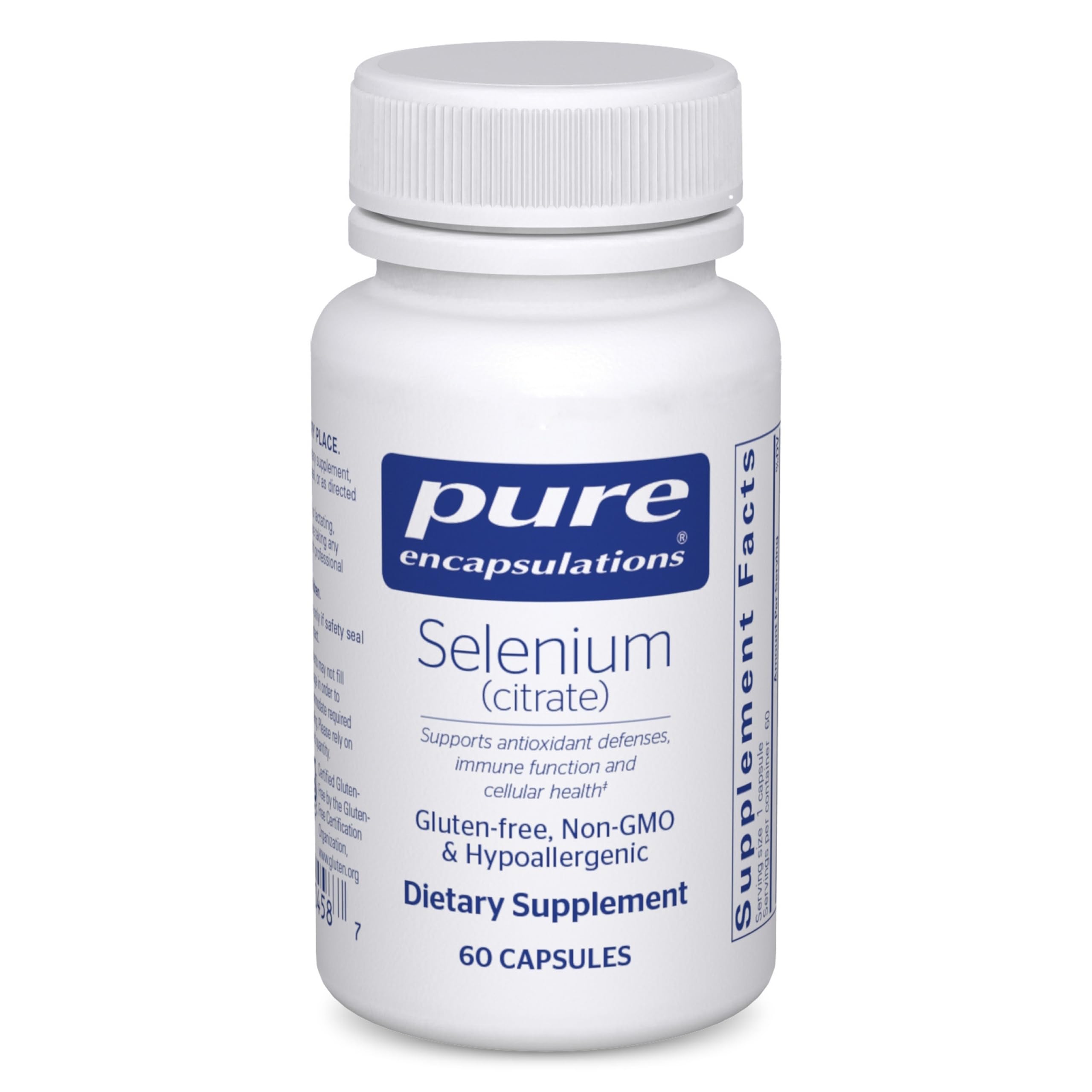 Bottle label of Pure Encapsulations Selenium (Citrate) highlighting immune support