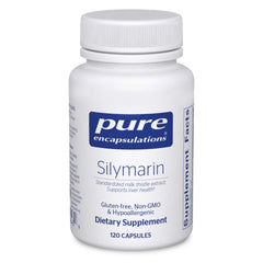 Pure Encapsulations Silymarin bottle front view showing 250 mg milk thistle for daily liver support