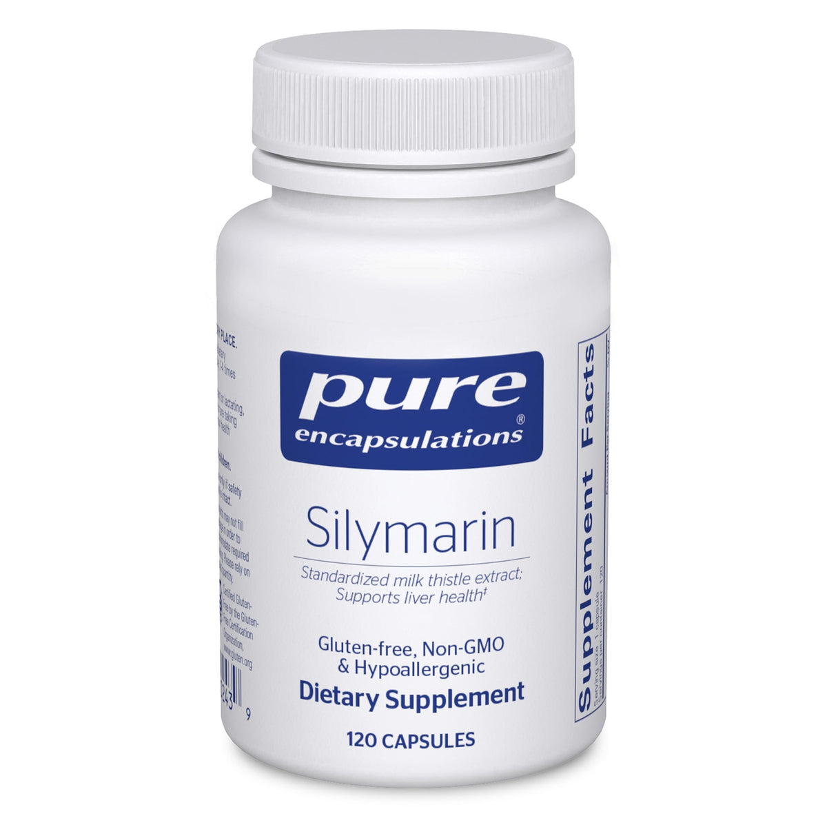 Bottle of Pure Encapsulations Silymarin 250 mg milk thistle capsules - 120 count