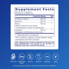 Close-up of Th2 Modulator ingredients including NAC and quercetin