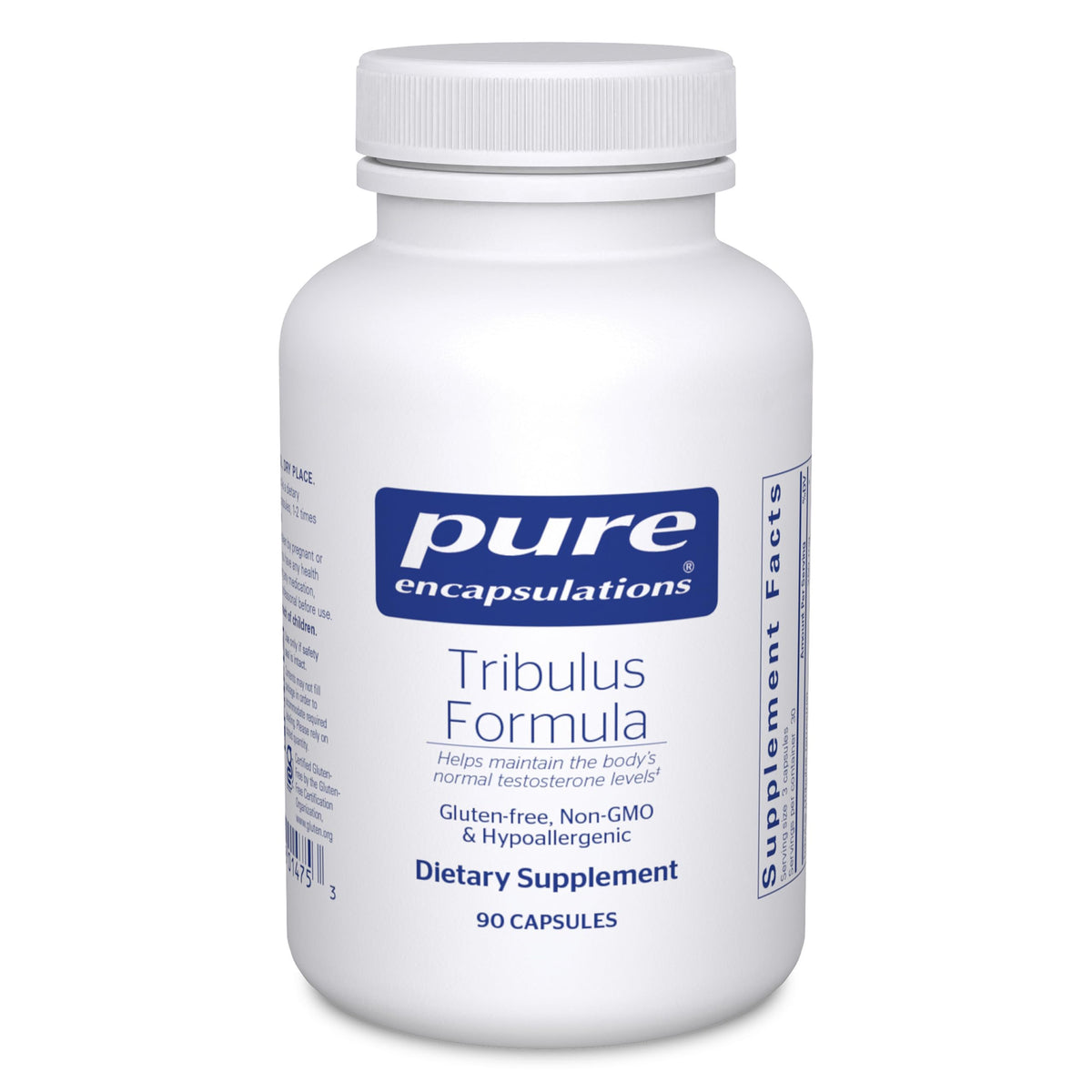 Bottle of Pure Encapsulations Tribulus Formula 90 capsules on a white background