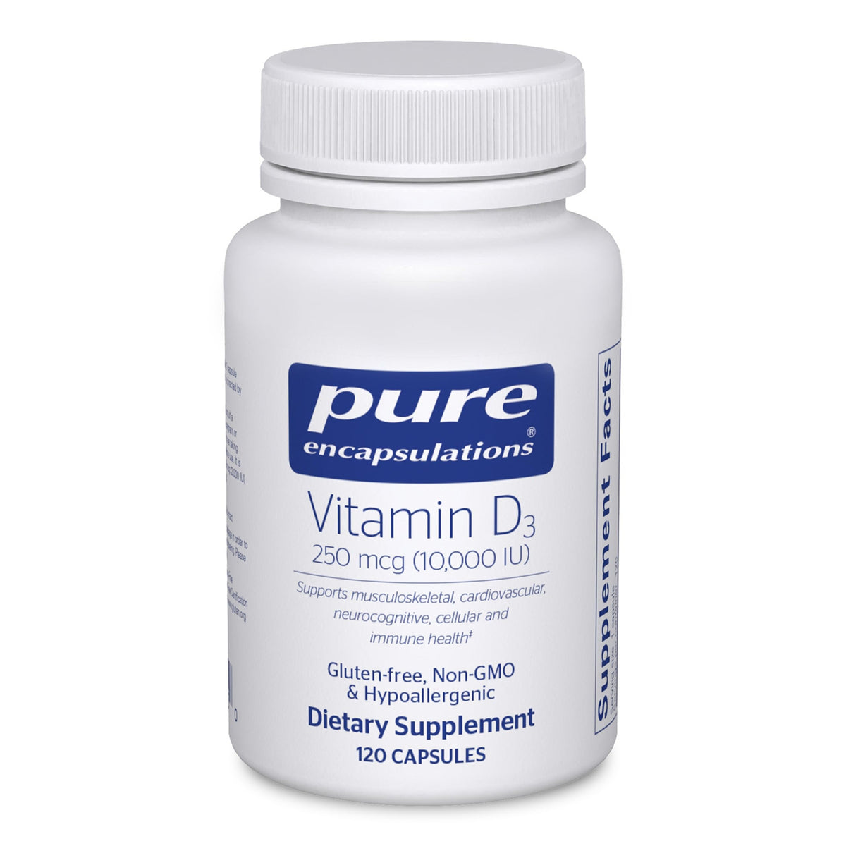 Bottle of Pure Encapsulations Vitamin D3 250 mcg (10,000 IU) - 120 capsules