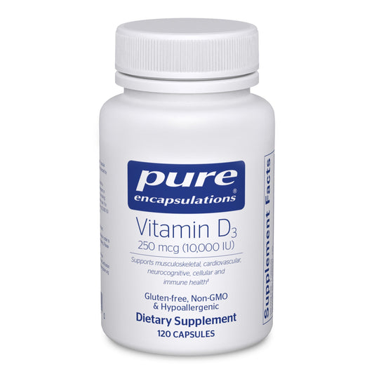 Bottle of Pure Encapsulations Vitamin D3 250 mcg (10,000 IU) - 120 capsules