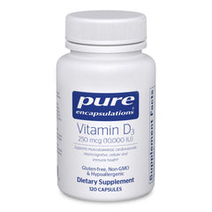 Bottle of Pure Encapsulations Vitamin D3 250 mcg (10,000 IU) - 120 capsules