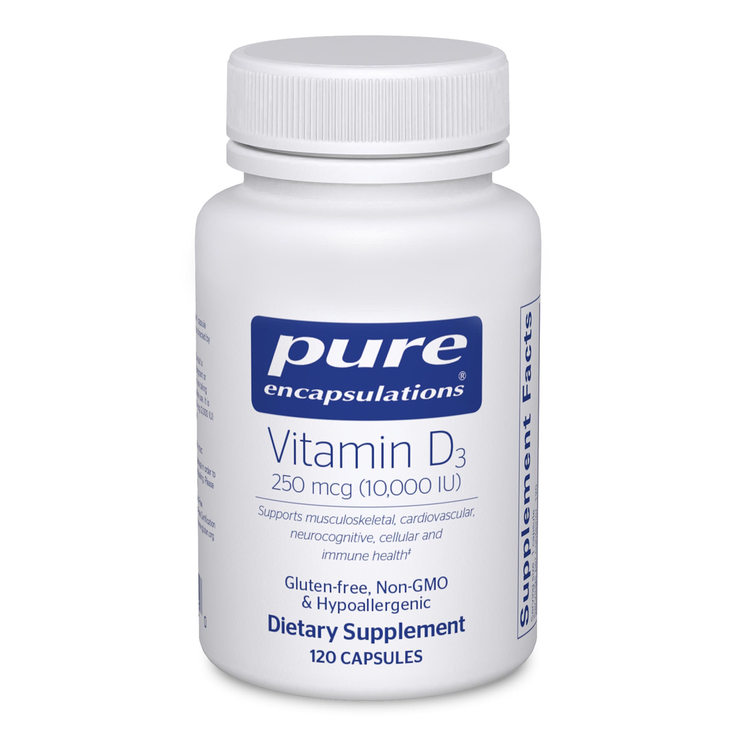 Pure Encapsulations Vitamin D3 bottle with 120 capsules; supports bone health.