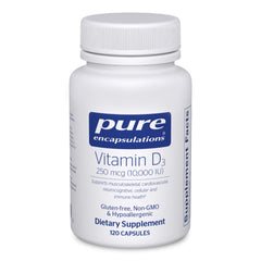 Pure Encapsulations Vitamin D3 bottle with 120 capsules; supports bone health.