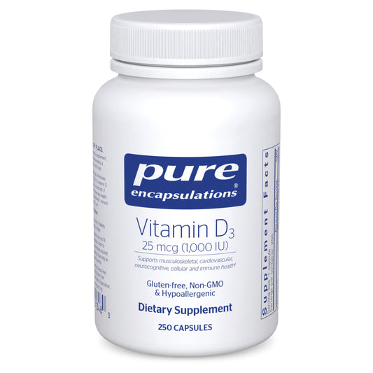 Bottle of Pure Encapsulations Vitamin D3 25 mcg (1000 IU) 250 capsules