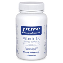 Bottle of Pure Encapsulations Vitamin D3 25 mcg (1000 IU) 250 capsules