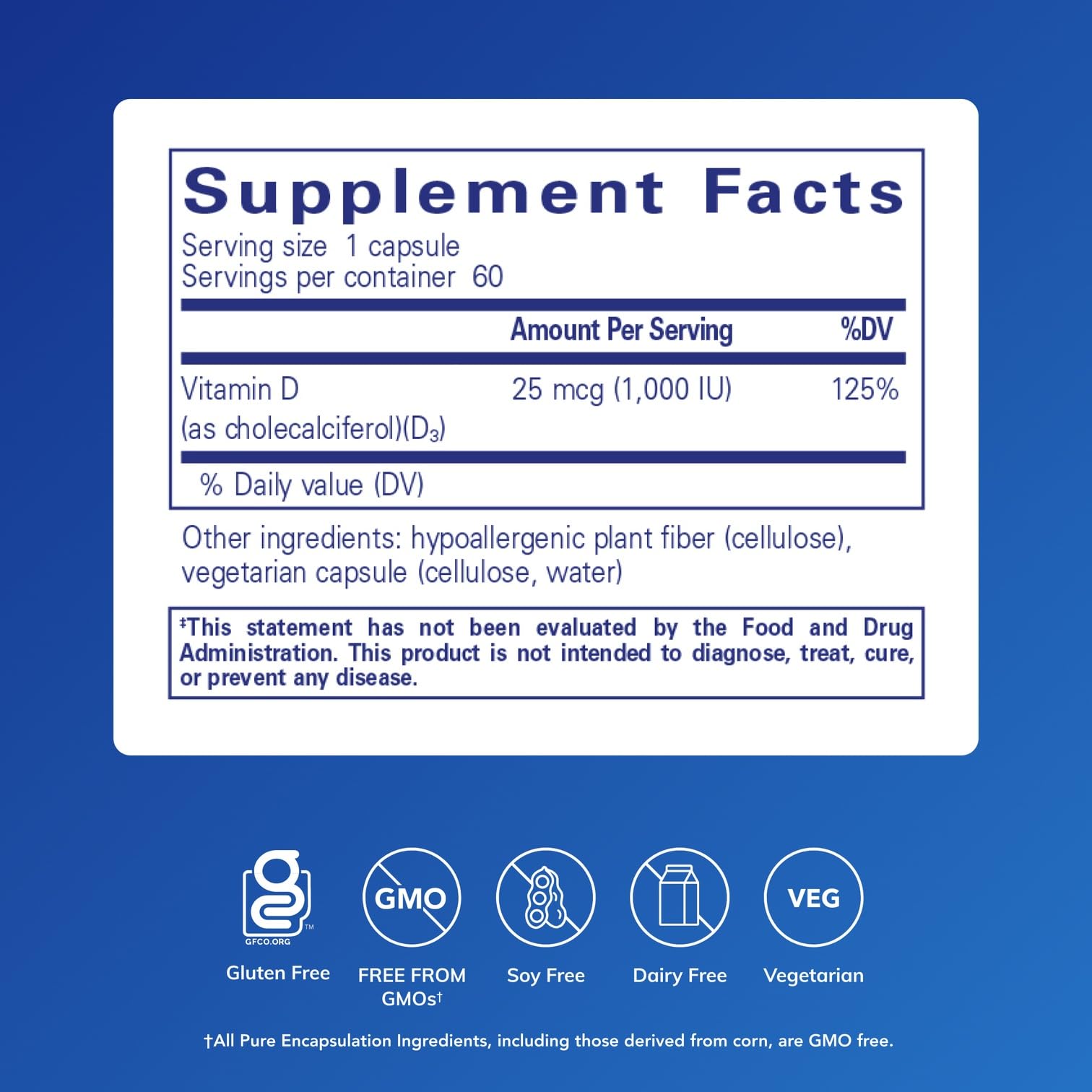 Pure Encapsulations Vitamin D3 bottle back label with ingredients