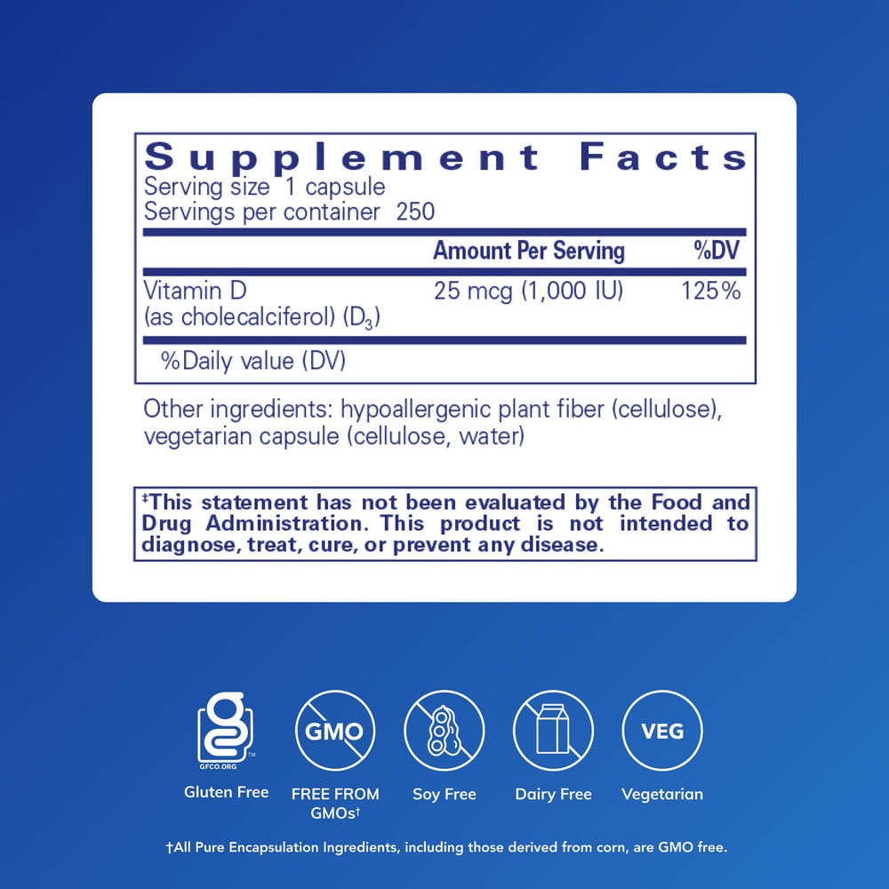 Pure Encapsulations Vitamin D3 bottle back label highlights premium ingredients and allergen-free focus.