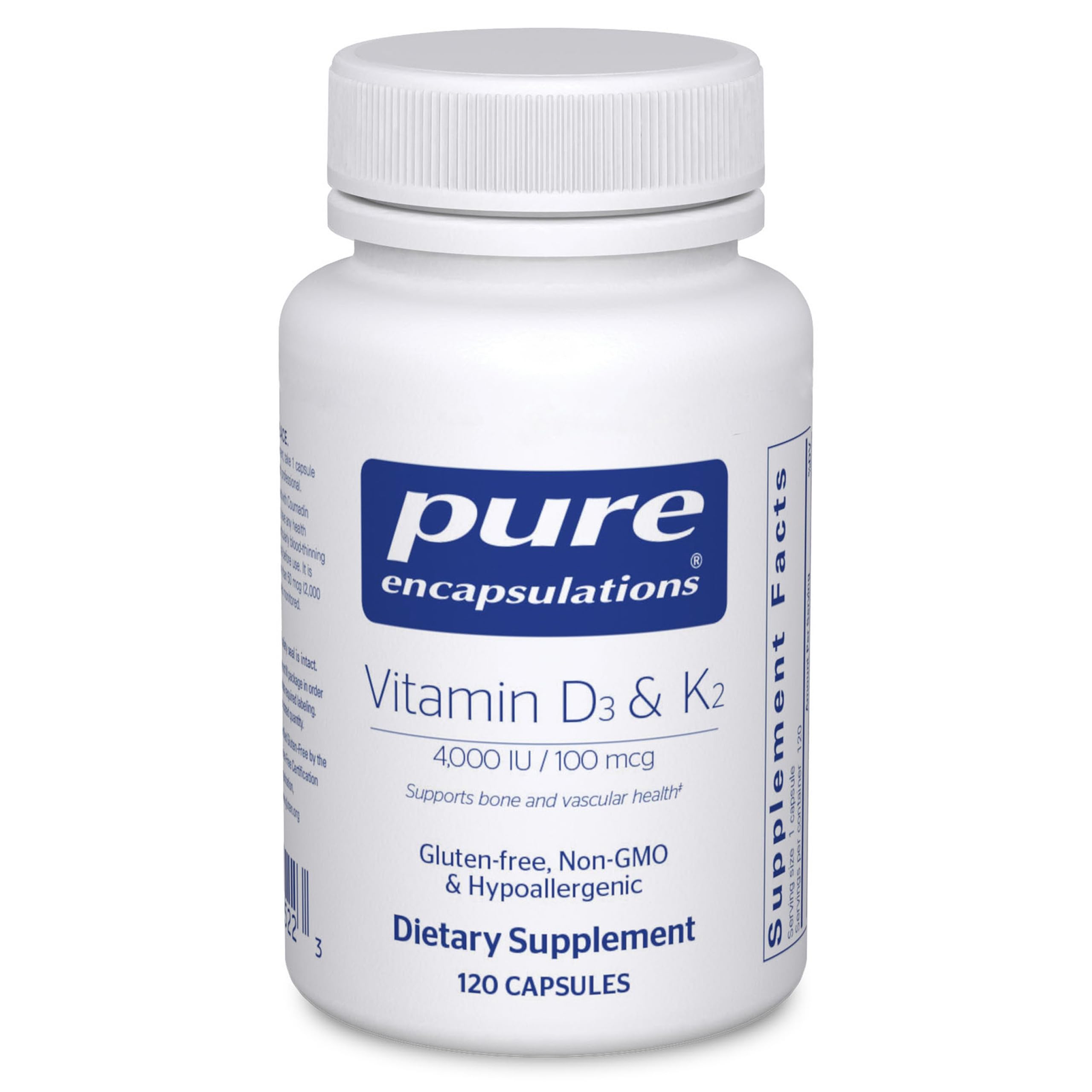 Bottle of Pure Encapsulations Vitamin D3 & K2 – 120 capsules