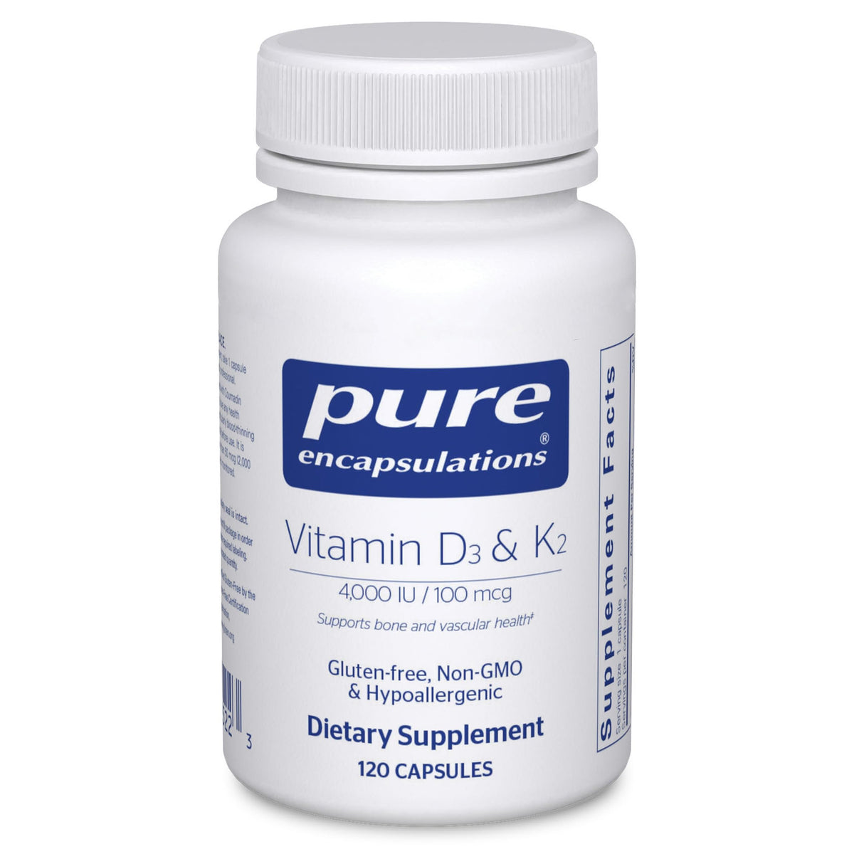 Bottle of Pure Encapsulations Vitamin D3 & K2 – 120 capsules