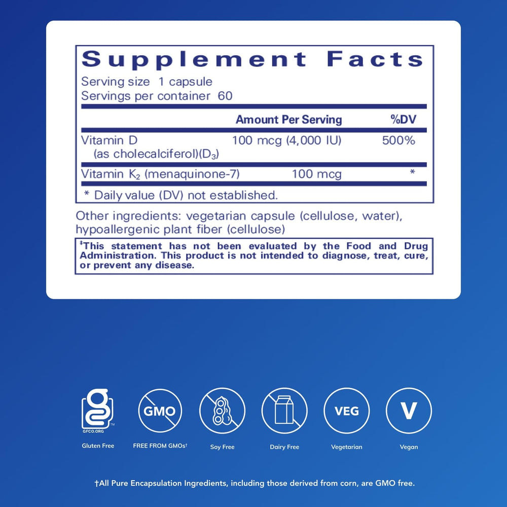 Close-up of Vitamin D3 & K2 label showing 4000 IU D3