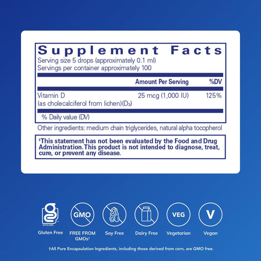 Side view of Pure Encapsulations Vitamin D3 vegan liquid bottle