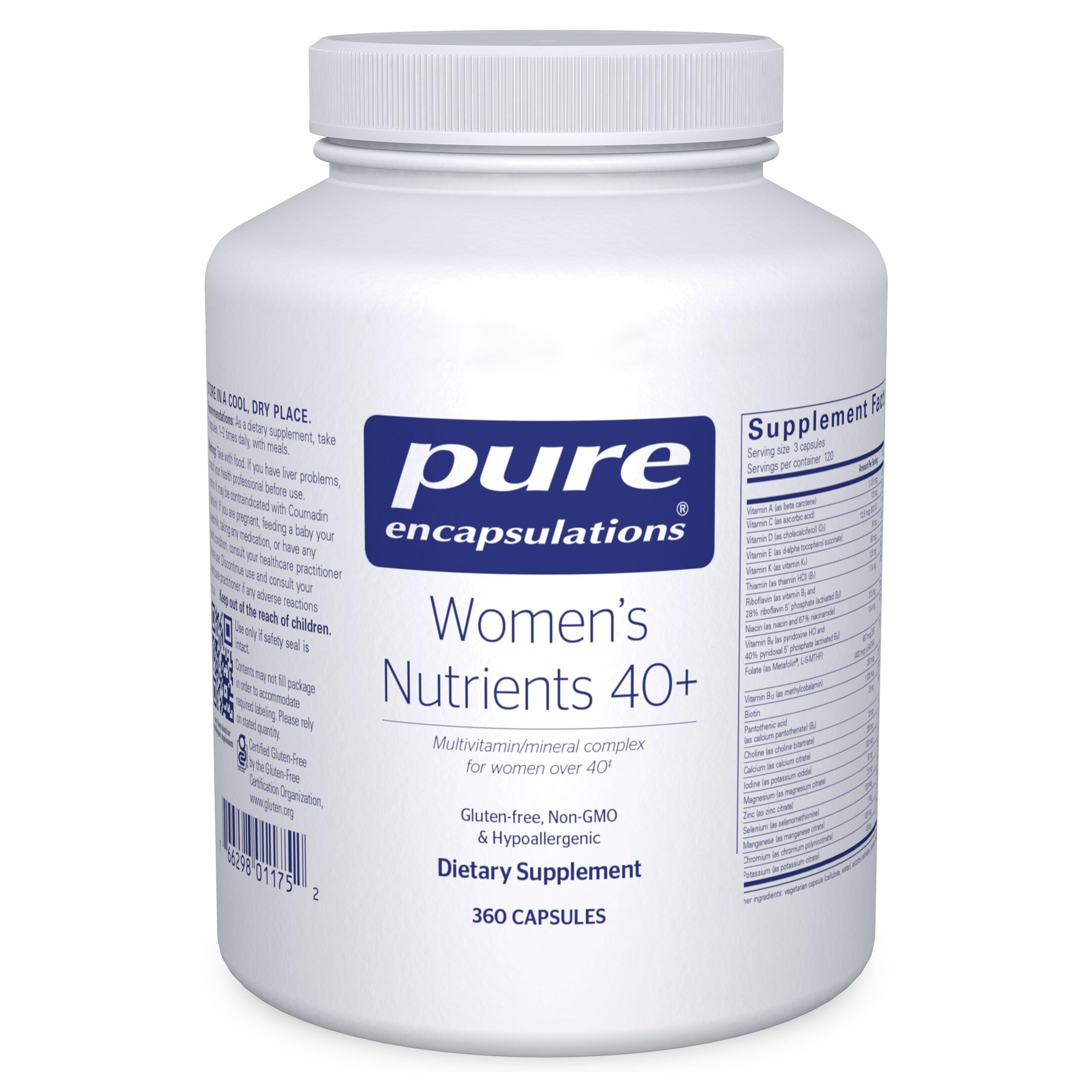 Bottle of Pure Encapsulations Women's Nutrients 40+ multivitamin 360 capsules