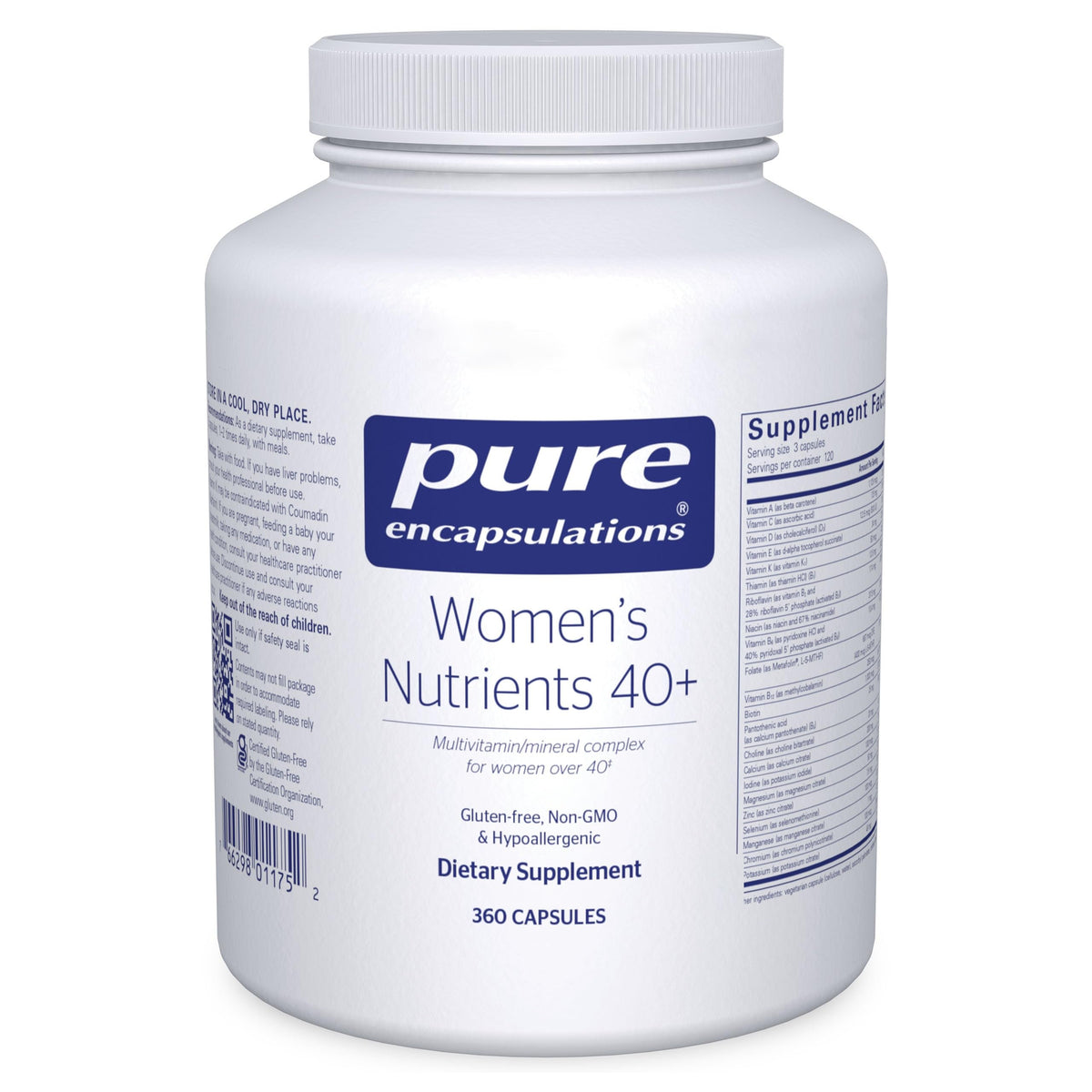 Bottle of Pure Encapsulations Women's Nutrients 40+ multivitamin 360 capsules