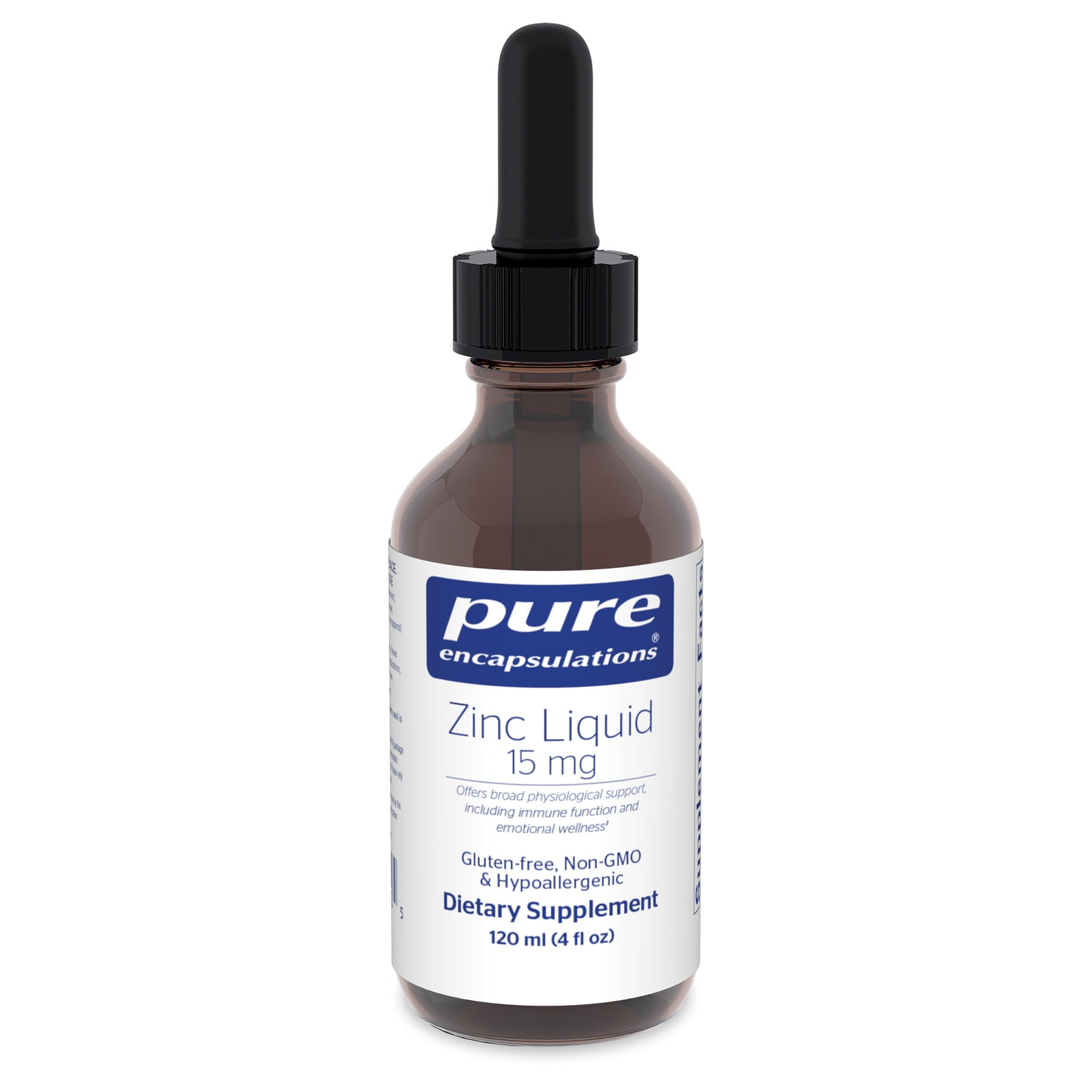 Pure Encapsulations Zinc Liquid 15 mg bottle front for immune support.