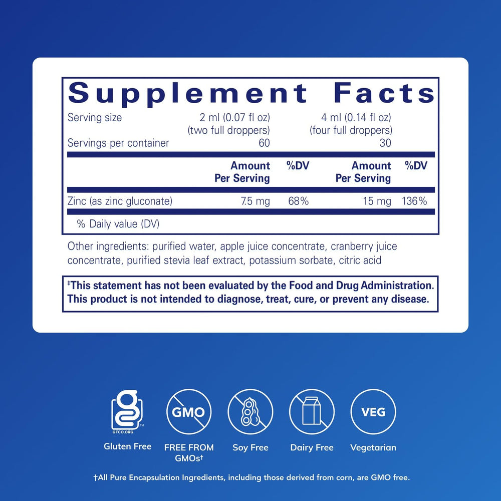 Pure Encapsulations Zinc Liquid bottle pour for convenient dosing.