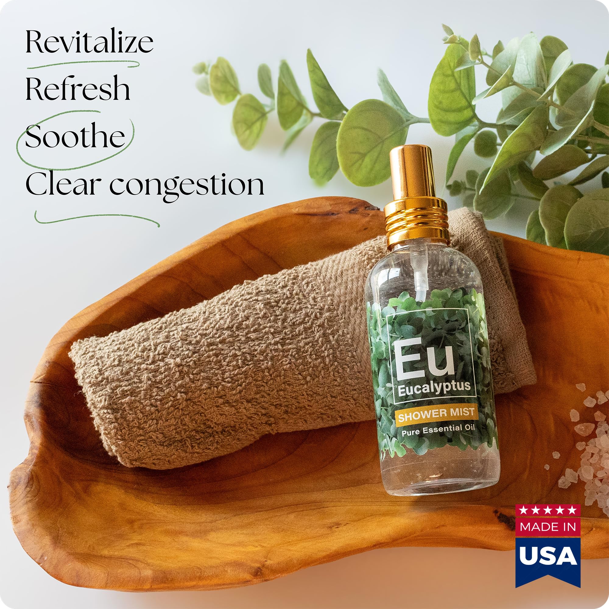 Bottle showing pure eucalyptus oil used in shower spray