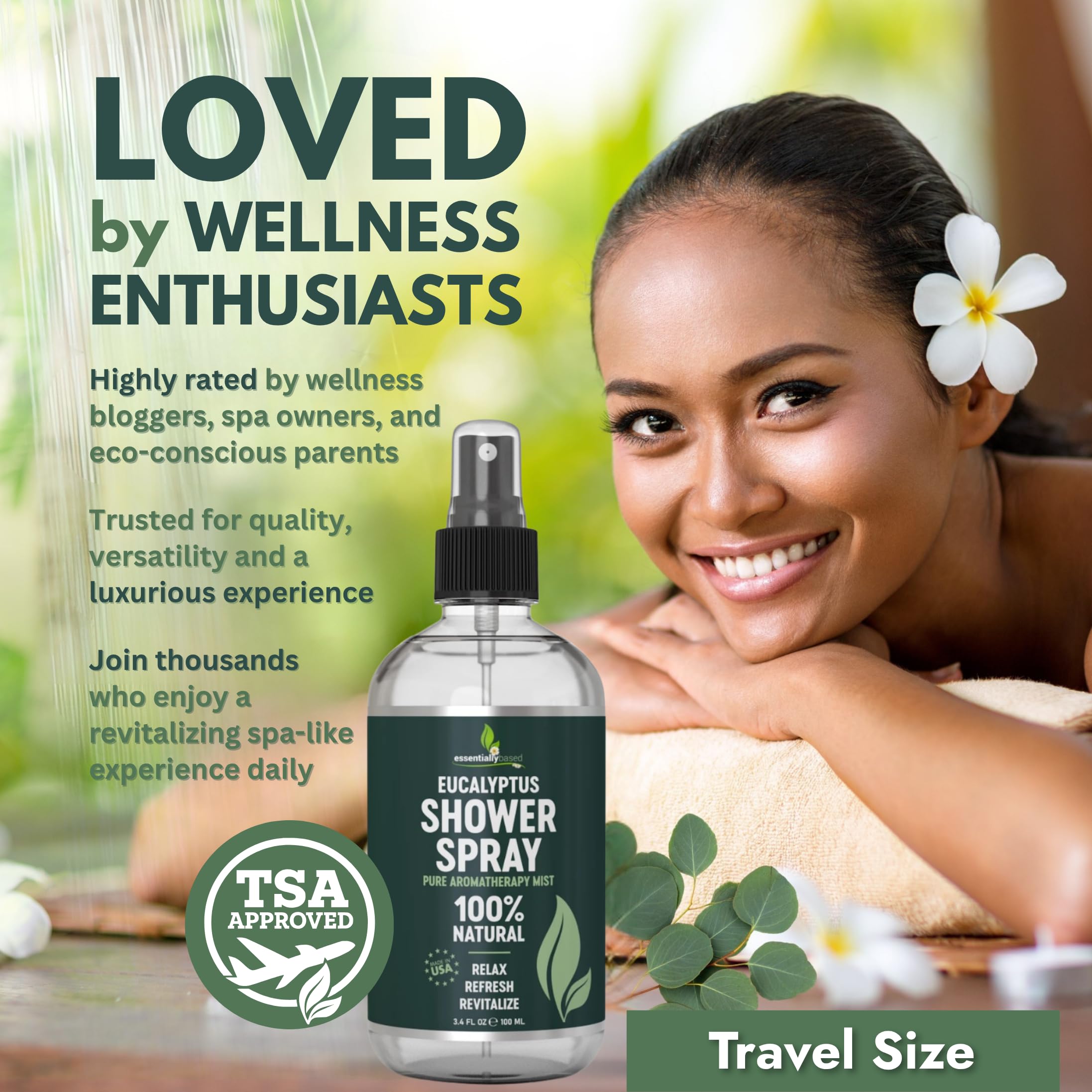 Made in USA seal with Pure Eucalyptus Shower Spray