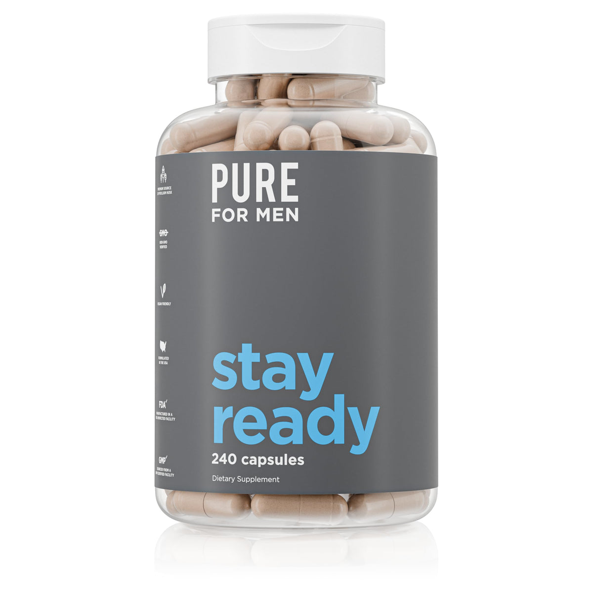 Pure for Men Stay Ready Fiber Supplement bottle with capsules