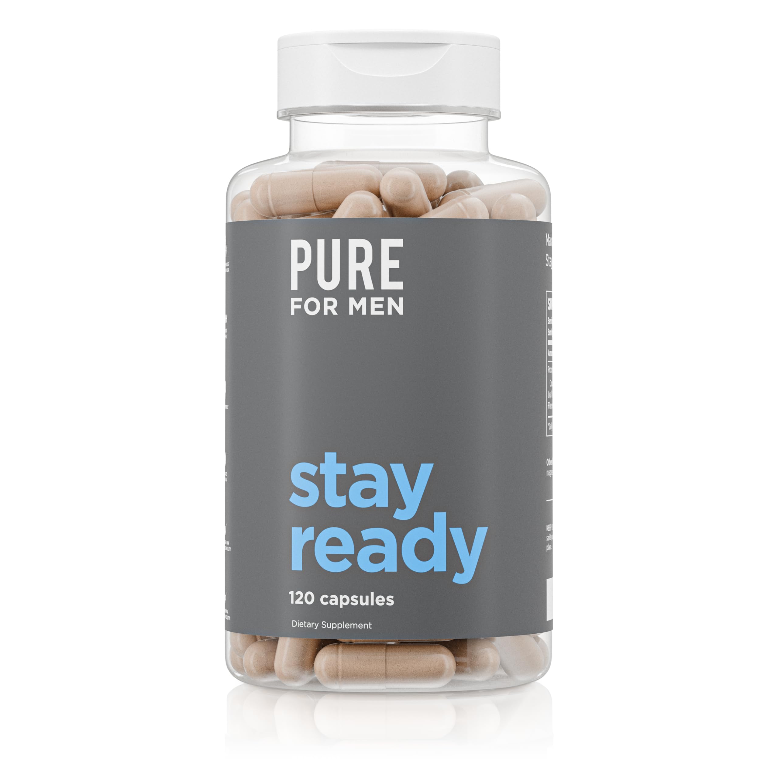 Pure for Men Stay Ready Fiber supplement bottle and capsules