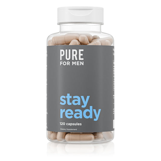 Pure for Men Stay Ready Fiber supplement bottle and capsules