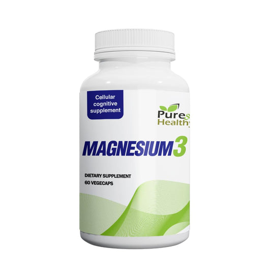 Bottle of Pure & Healthy Magnesium3 with 60 capsules showing the magnesium blend (glycinate, malate, citrate)
