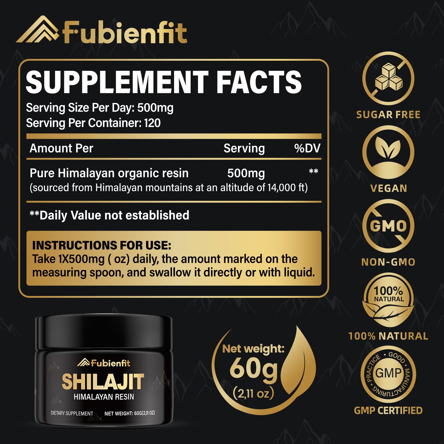 Packaging label for Pure Himalayan Shilajit Resin 60g