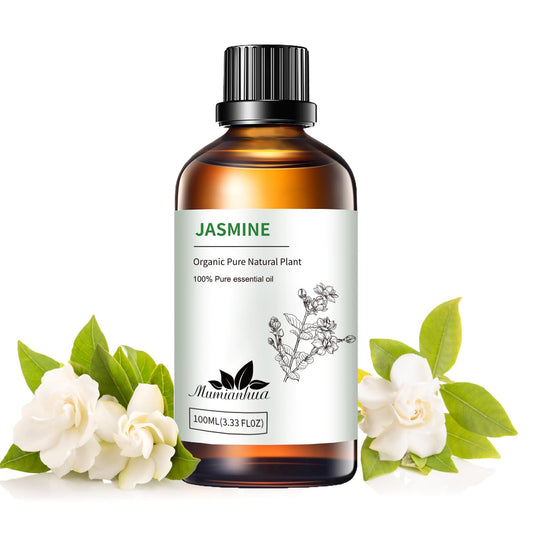 Bottle of pure jasmine essential oil with a calming bedtime ambience