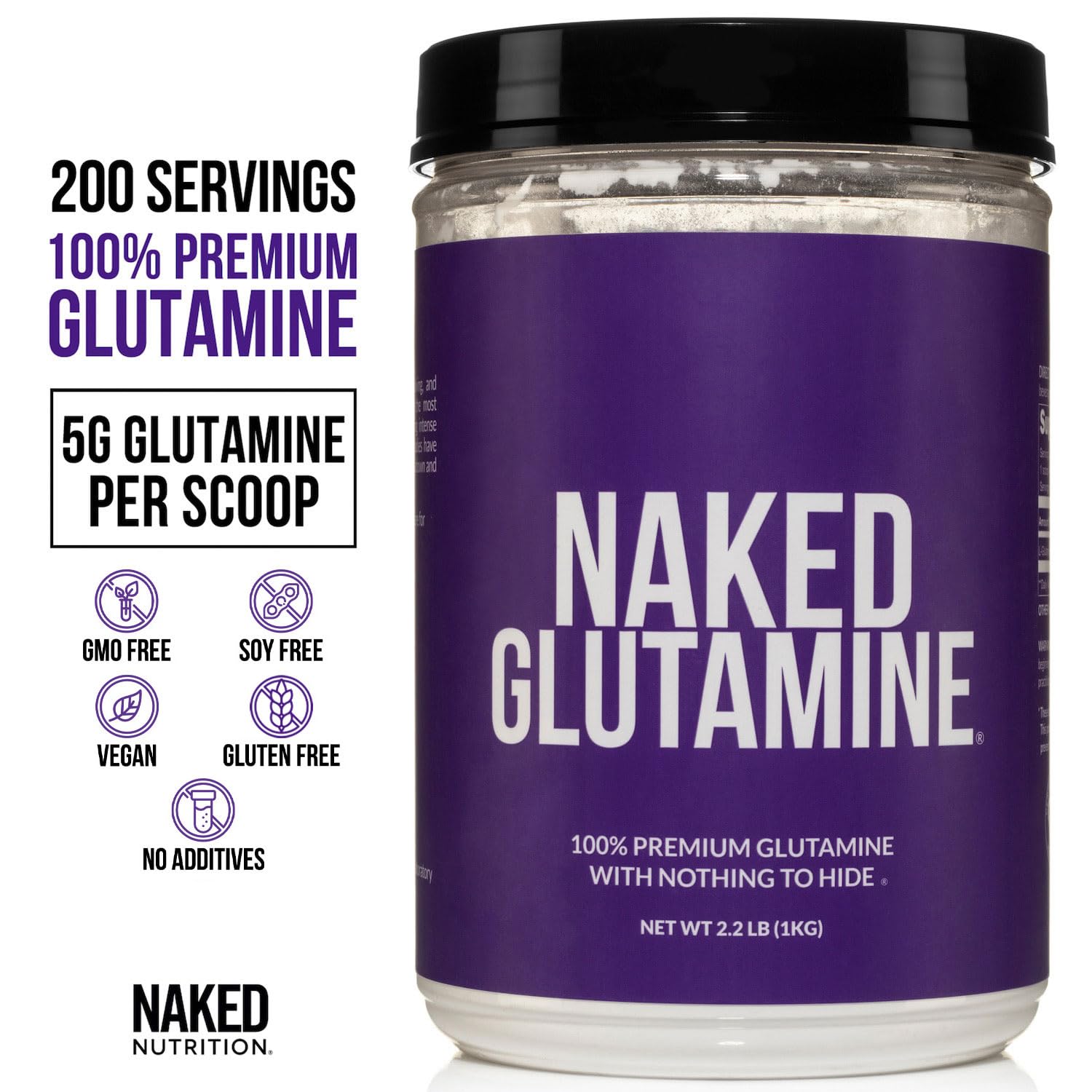 L-Glutamine powder with scoop, vegan and non-GMO