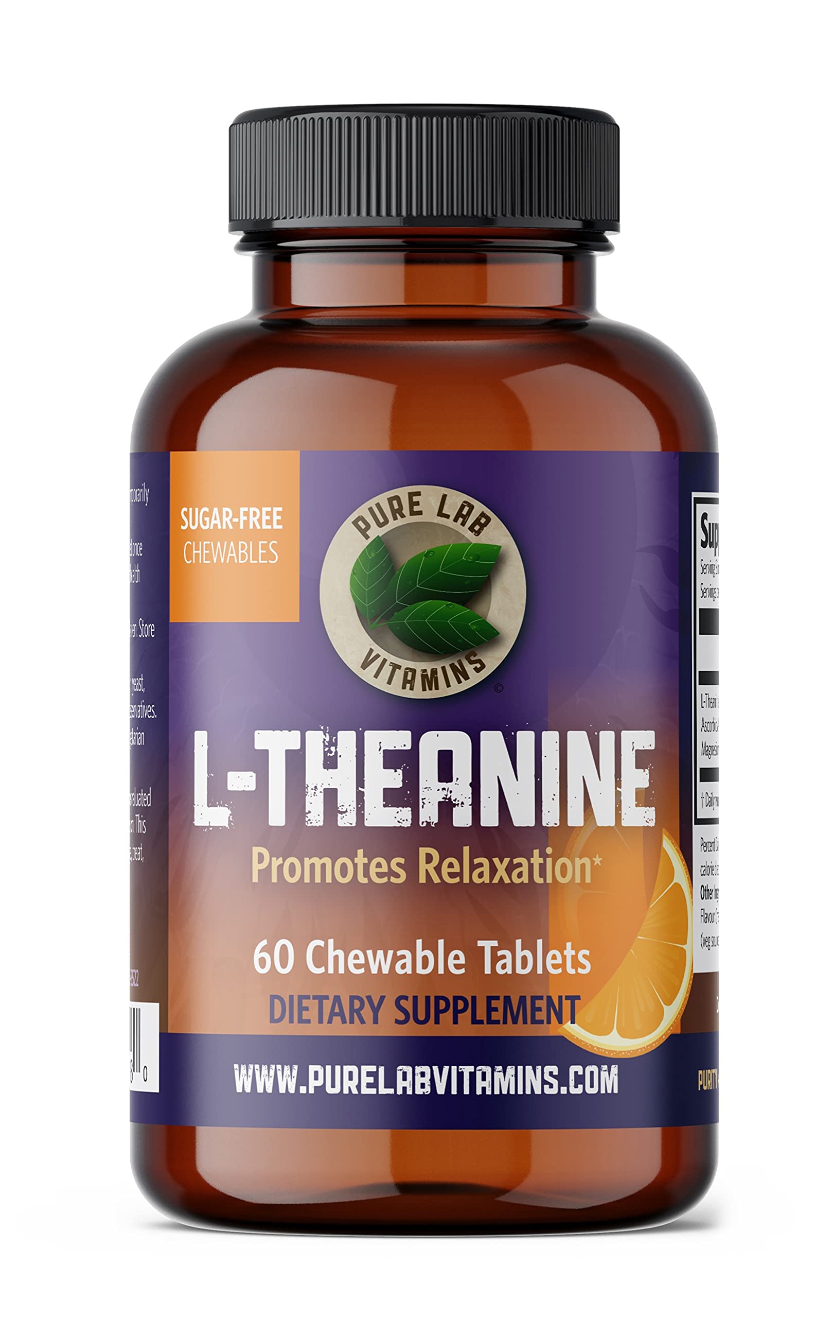 Front view of Pure Lab Vitamins L-Theanine 125 mg chewable tablets bottle