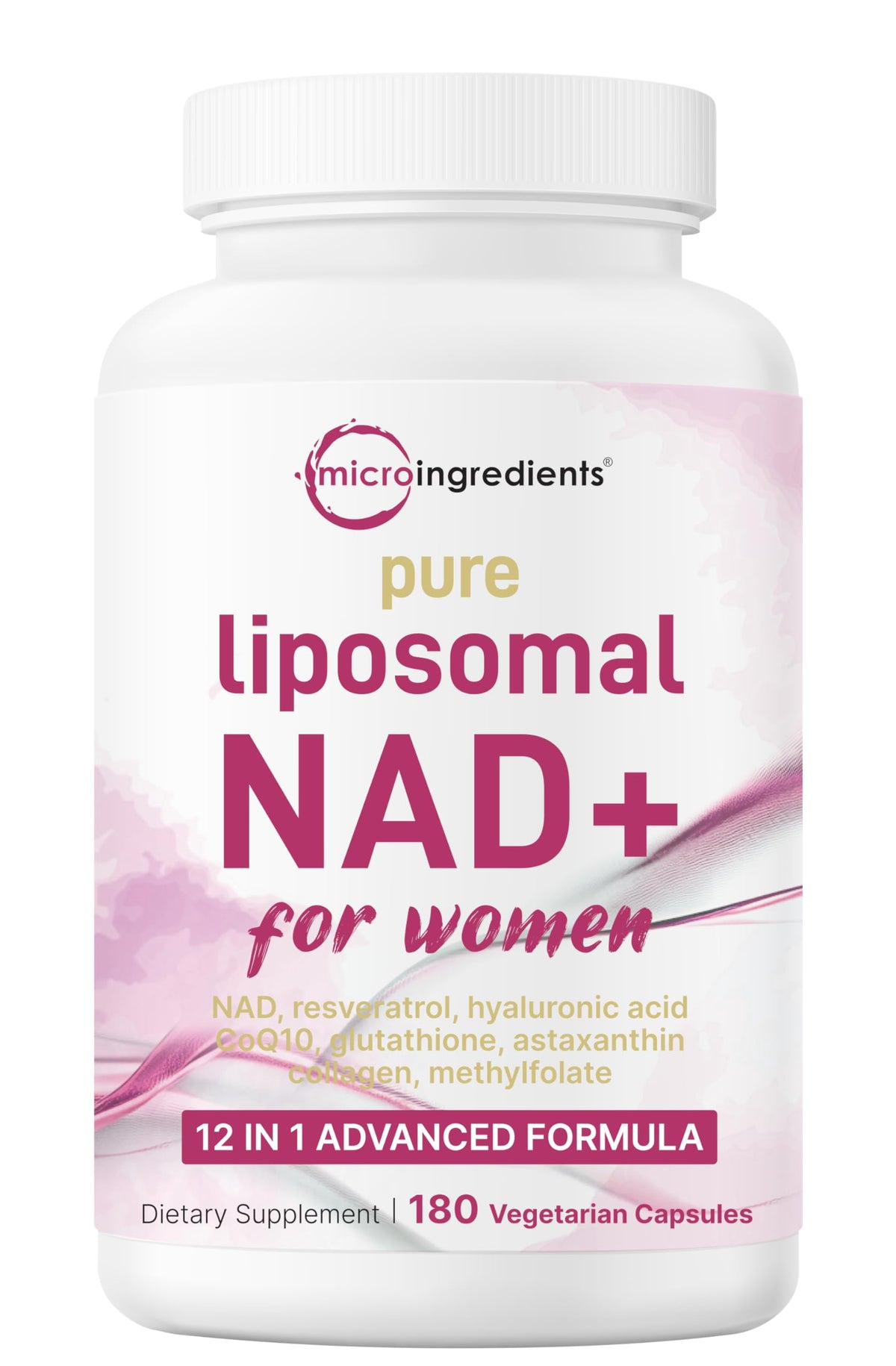 Bottle of Pure Liposomal NAD+ for Women 9,000mg 180 Veggie Capsules