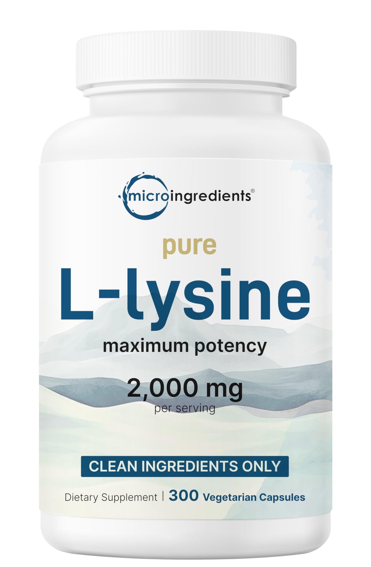 Front view of Pure L-Lysine 2000mg bottle with 300 veggie capsules