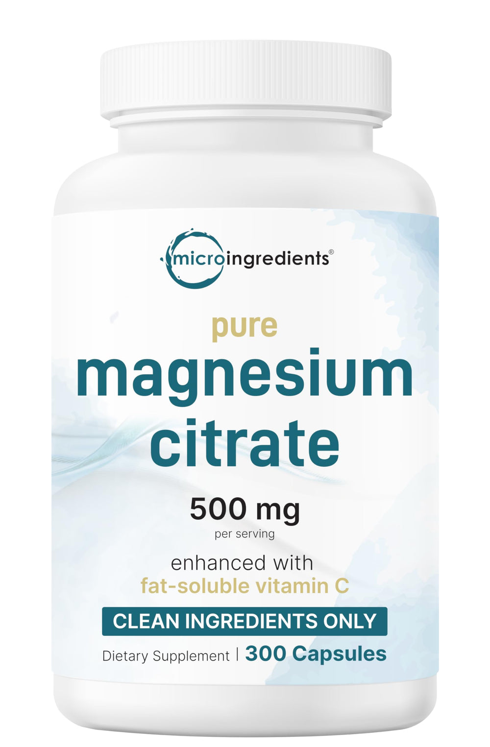 Front view of Pure Magnesium Citrate 500mg bottle with 300 capsules