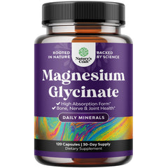 Bottle of Pure Magnesium Glycinate 500mg capsules on white background