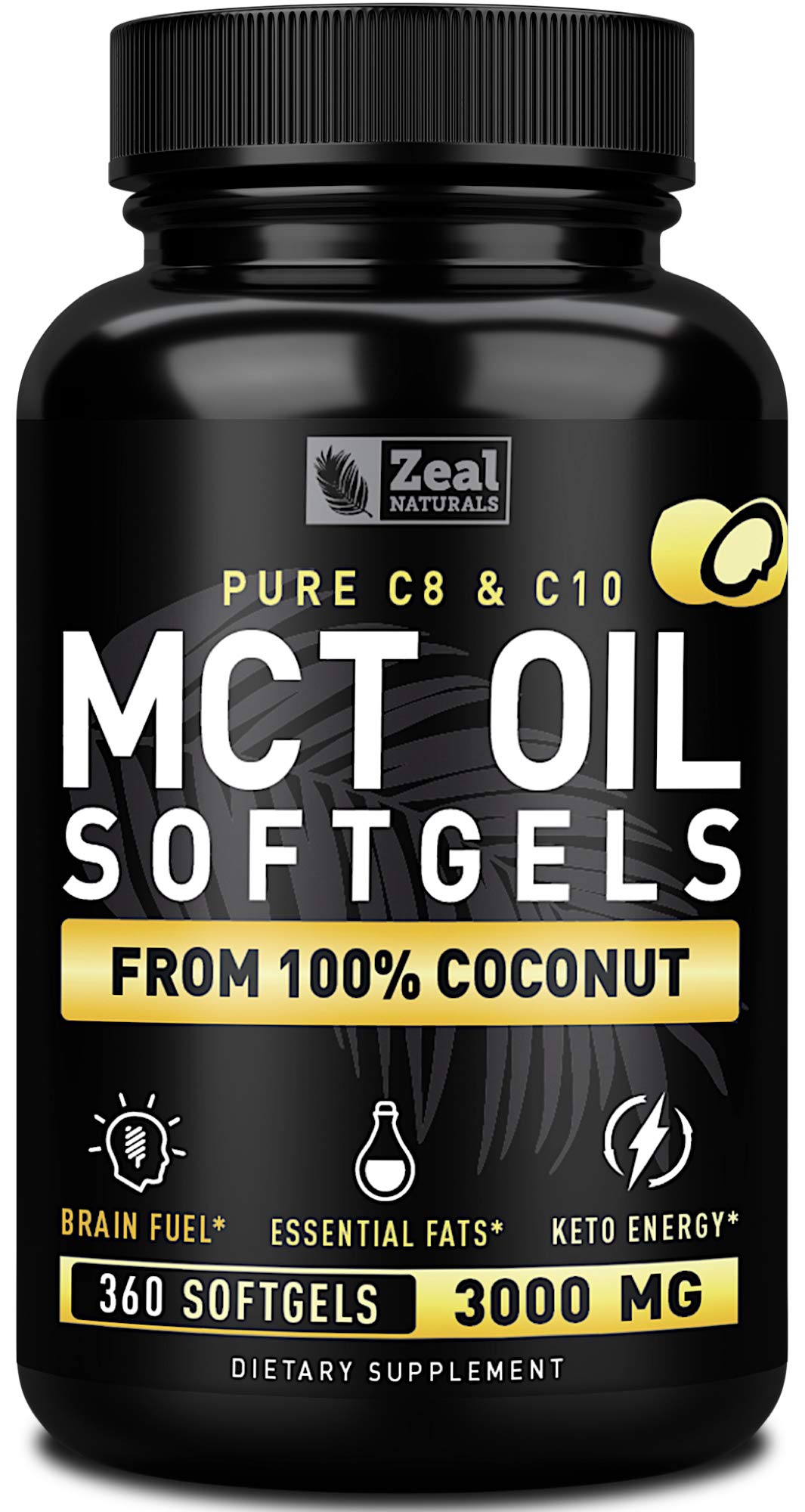 Bottle of Pure MCT Oil Capsules with 360 softgels and 3000mg per serving