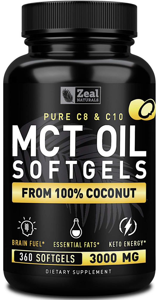 Bottle of Pure MCT Oil Capsules with 360 softgels and 3000mg per serving