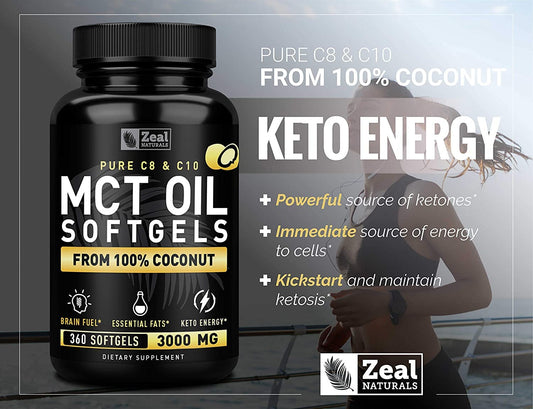 Close-up of MCT oil capsules highlighting C8 and C10 content