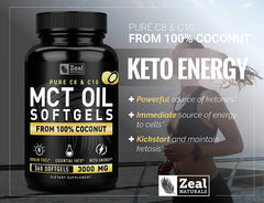 Close-up of MCT oil capsules highlighting C8 and C10 content