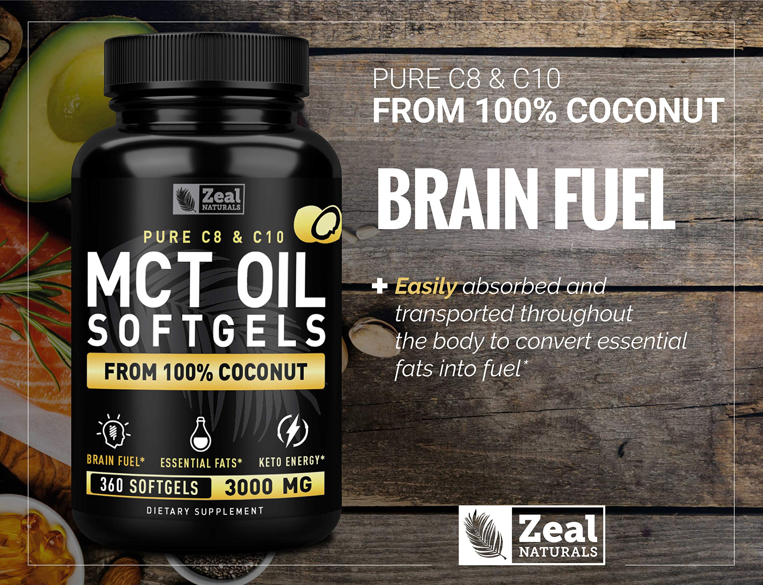Keto-friendly, gluten-free, non-GMO label on MCT capsules