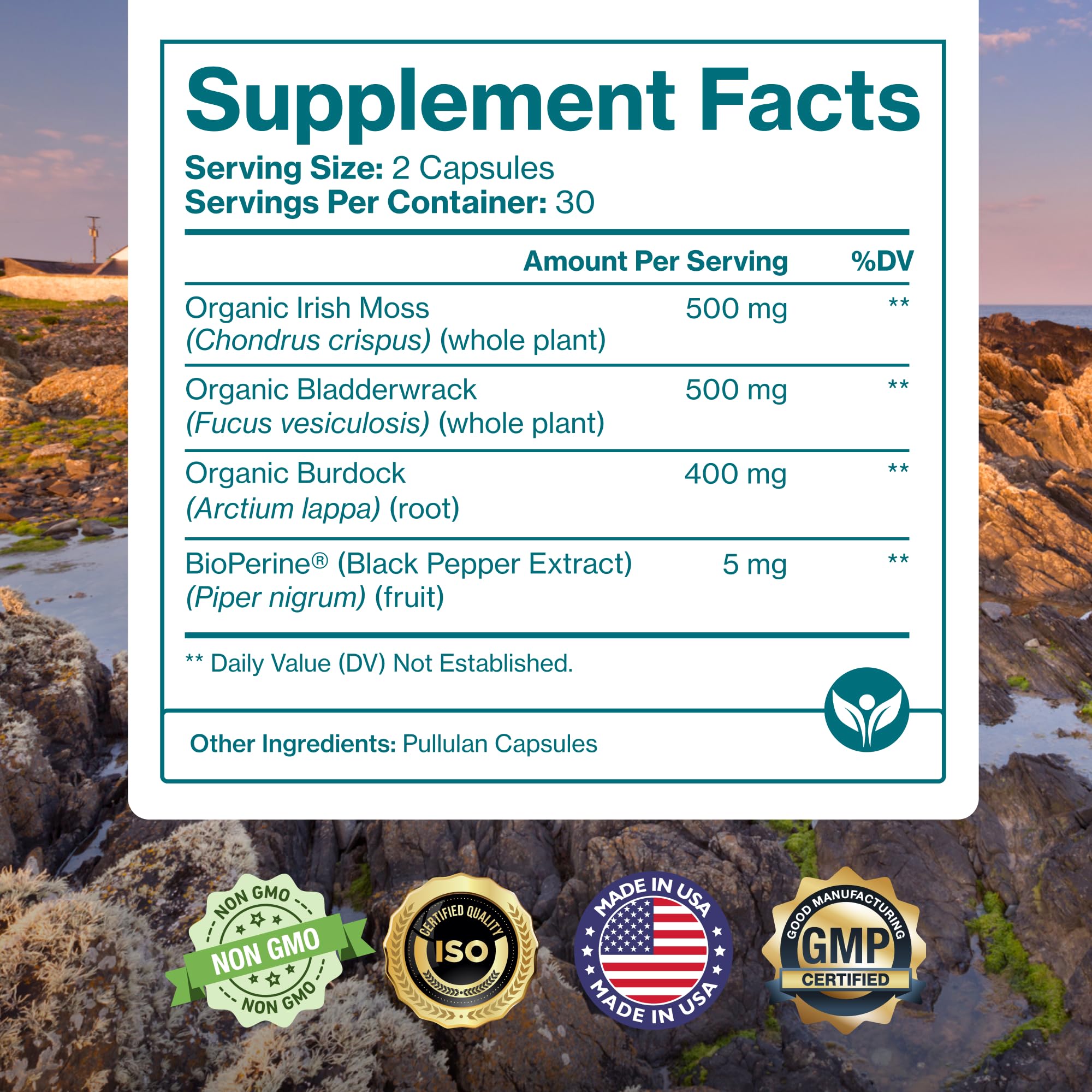 Nutrition label on the Sea Moss capsules bottle