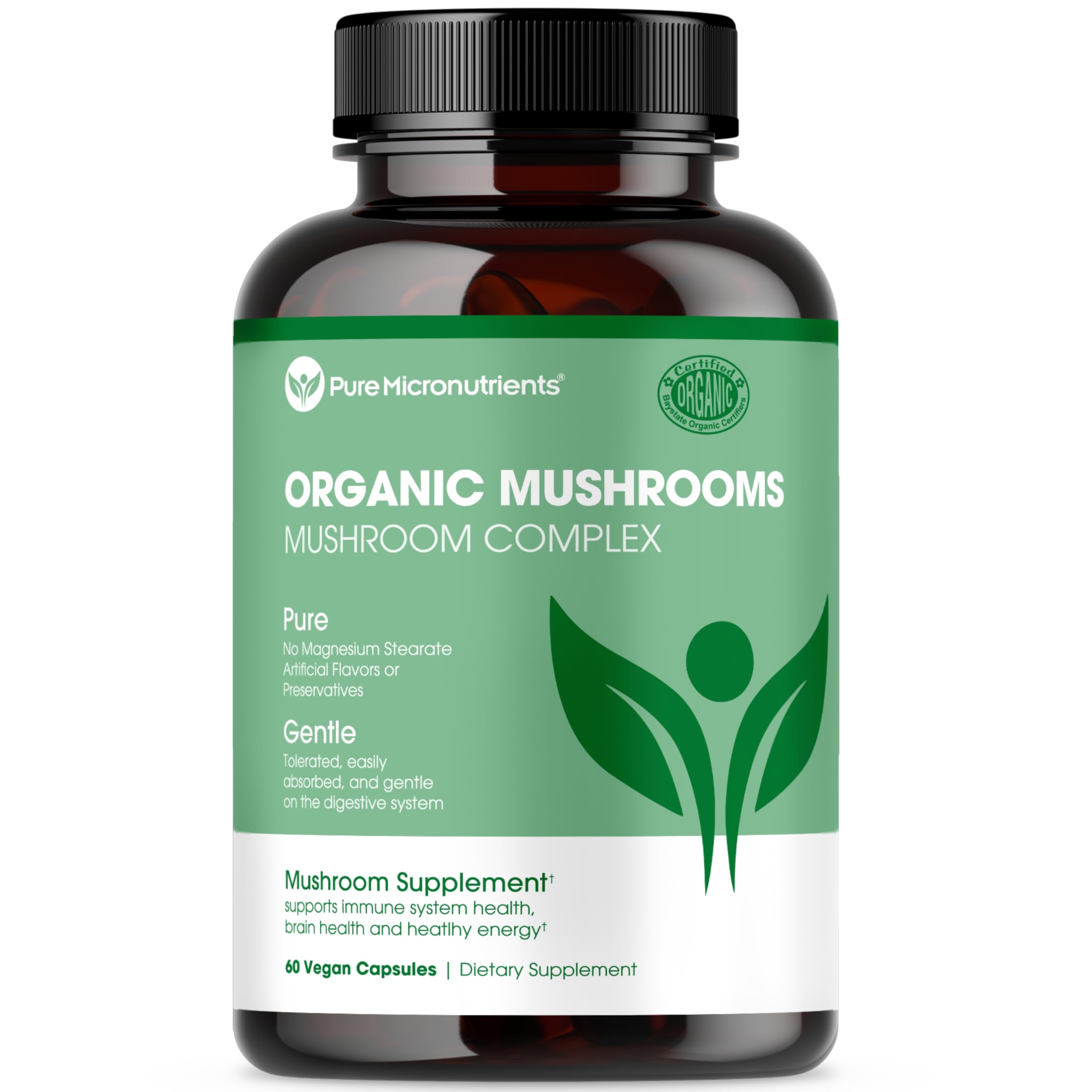Pure micronutrients organic mushroom supplement with Lions Mane, Reishi, Chaga, Cordyceps and Turkey Tail in vegan capsules