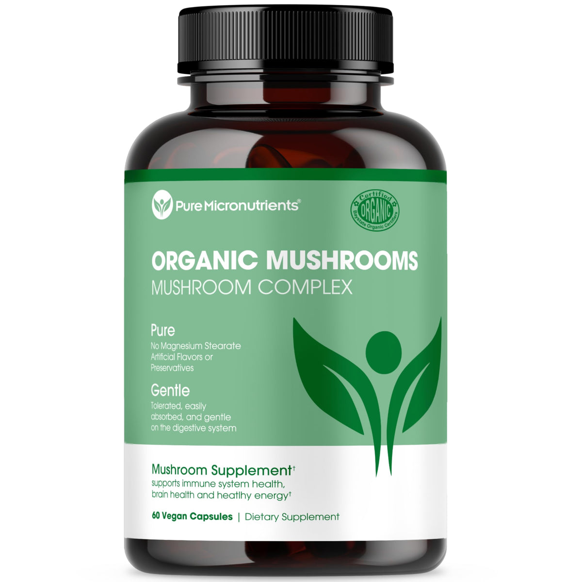 Pure micronutrients organic mushroom supplement with Lions Mane, Reishi, Chaga, Cordyceps and Turkey Tail in vegan capsules