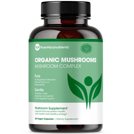 Pure micronutrients organic mushroom supplement with Lions Mane, Reishi, Chaga, Cordyceps and Turkey Tail in vegan capsules